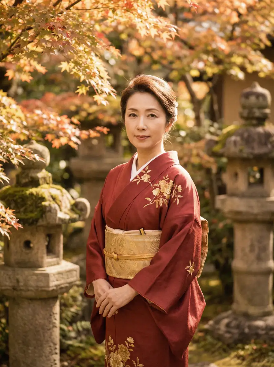 一位身穿暗红色和服的优雅 桃乃木香 在日式庭院中